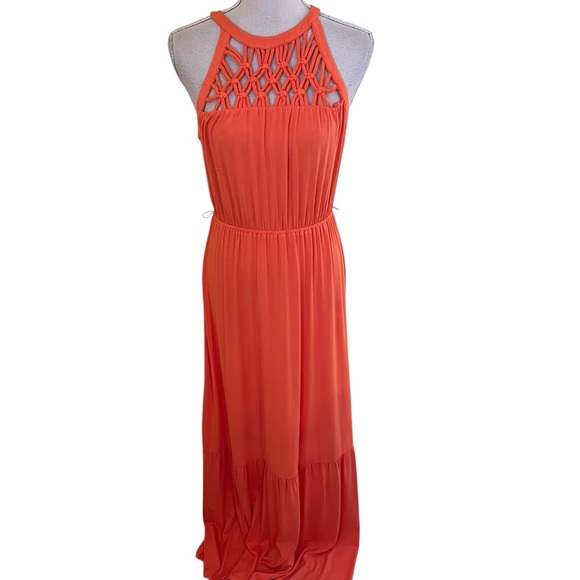 Daniel Rainn Orange Jersey Knit Halter Maxi Dress with Macrame Neckline S - Picture 2 of 14